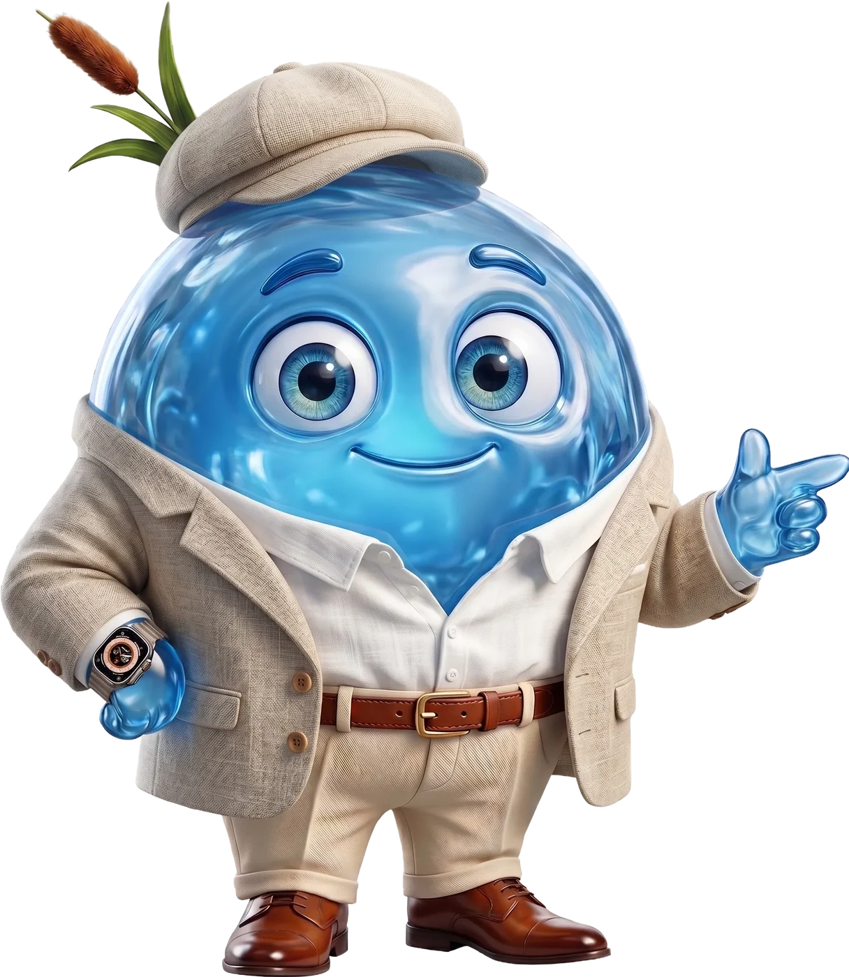 Drupsie, de mascotte van In Maas en Waal, in jasje en pet, wijst uitnodigend opzij
