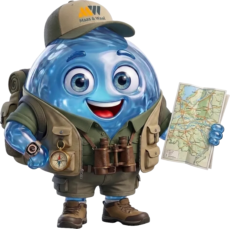Drupsie als toergids met pet, verrekijker en een kaart van het Land van Maas en Waal
